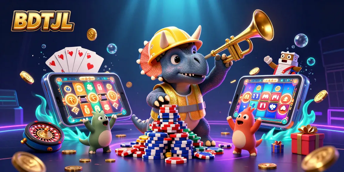 Engage with BDTJL casino excitement as cheerful dinosaurs celebrate with poker chips and gaming elements.