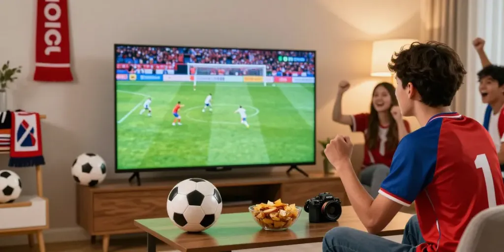 Excited fan enjoying live soccer match on Xoilactv in cozy living room.