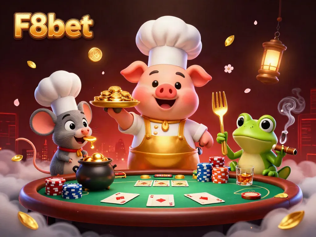 Experience F8bet gaming with a chef pig, mouse, and frog amidst poker excitement and gold.