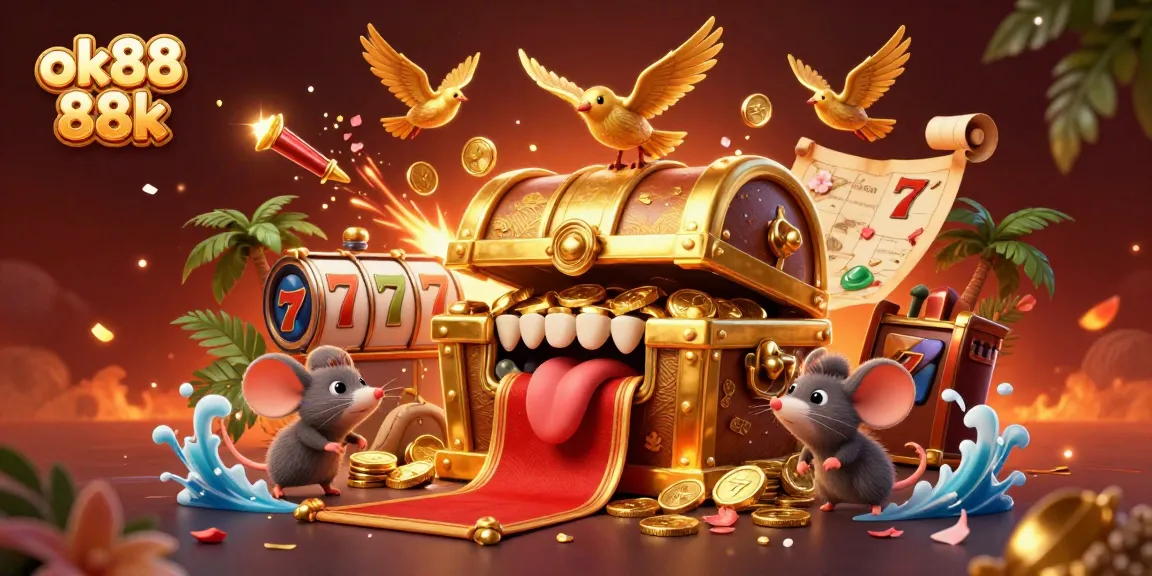 Engage in thrilling gameplay with ok88 88k's vibrant 3D casino adventure featuring treasures and slot reels.