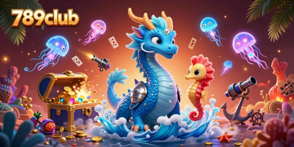 Engage with exciting 789club game elements, featuring a vibrant underwater scene with a dragon and seahorse.