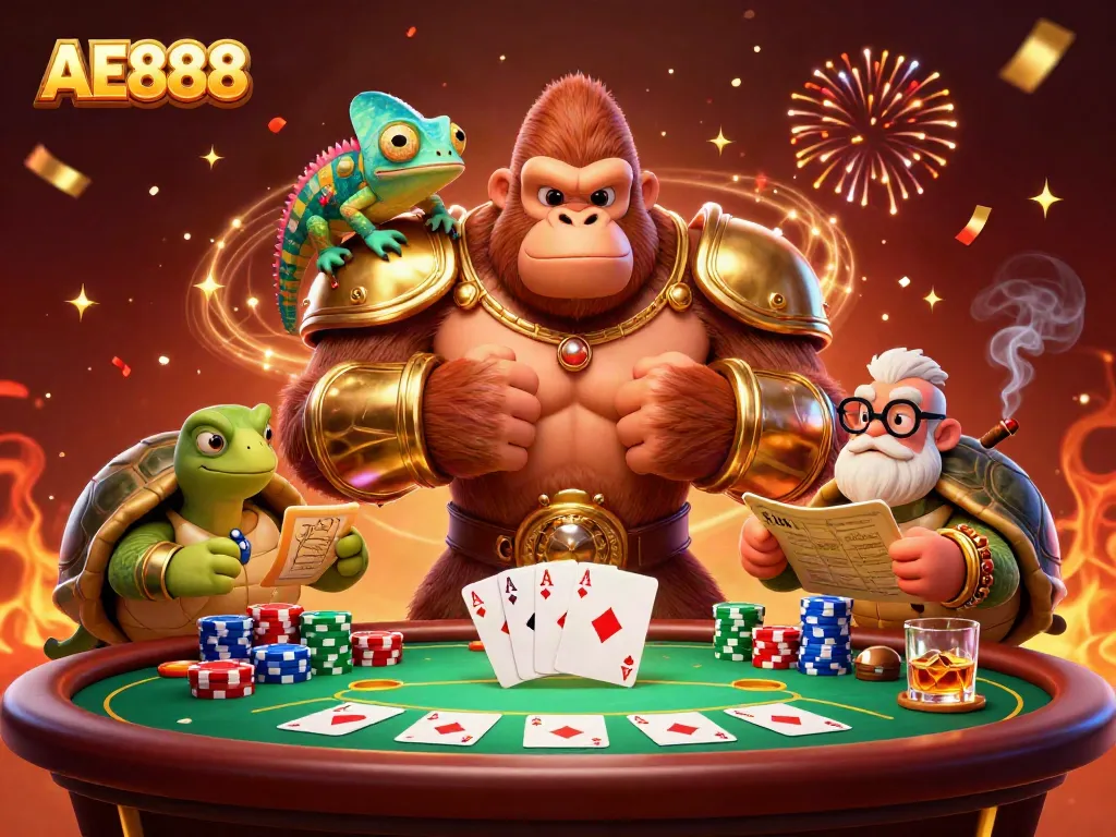 Engage with AE888's dynamic casino scene featuring a gorilla king and a poker table.
