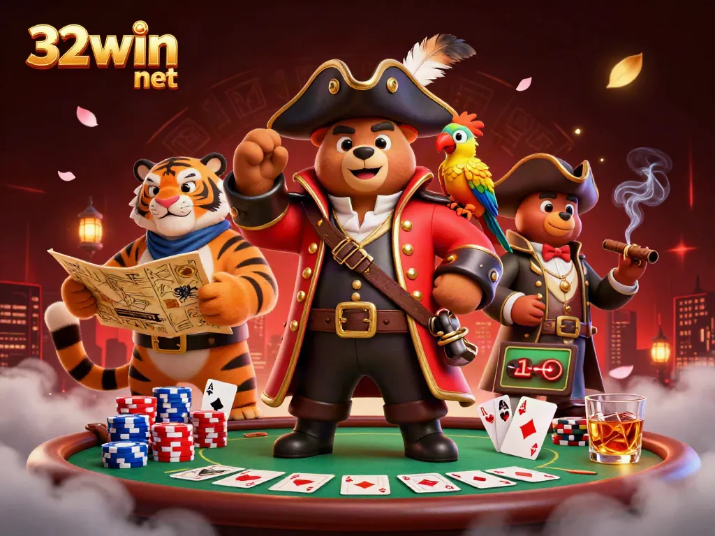 Engage in thrilling poker action at 32win net with a cartoon bear captain, a fierce tiger, and colorful poker chips.