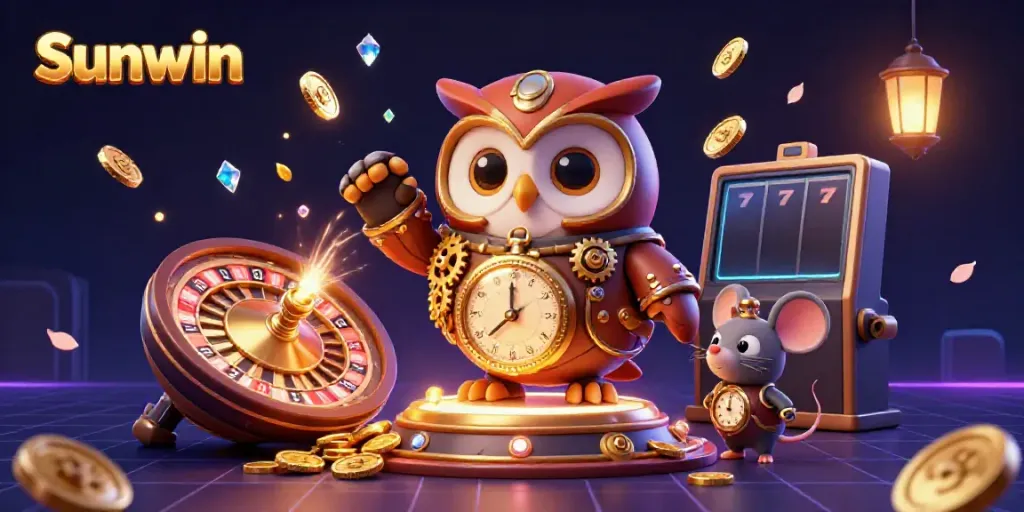 Experience thrilling gameplay at Sunwin with a whimsical casino scene featuring a time-traveling owl and mouse.
