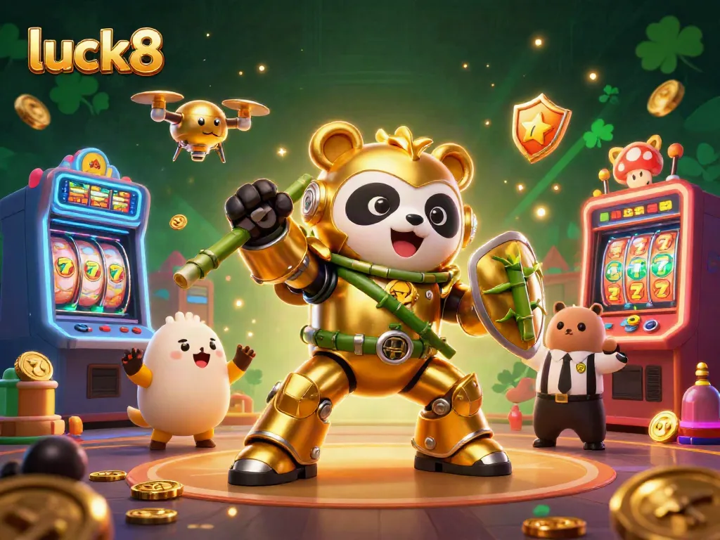 Witness the luck8 panda battle in a vibrant casino-themed arena filled with slots and cheering spectators.