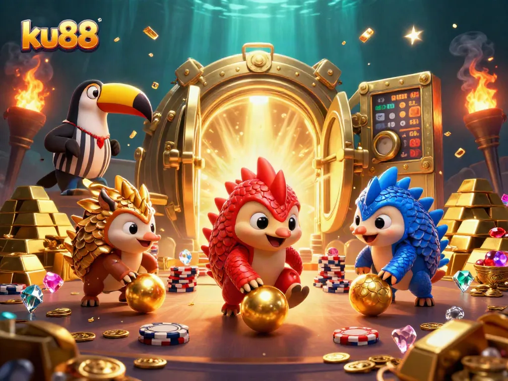 ku88 pangolins competing in a casino scene with colorful poker chips and golden treasures