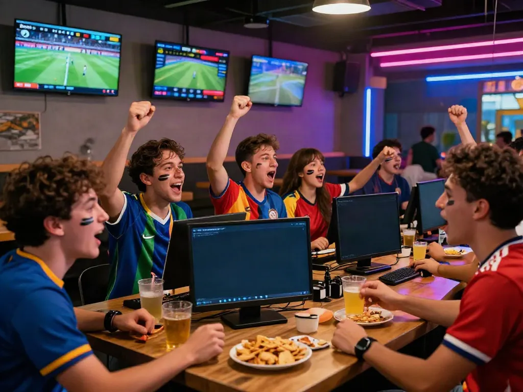 Excited fans enjoying live soccer on Socolive at a sports bar.