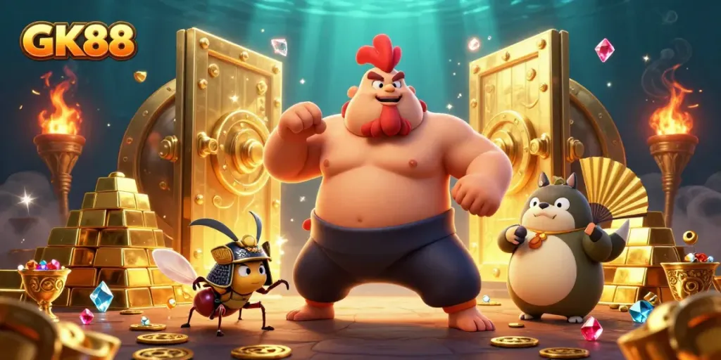 Experience GK88 thrills with powerful characters in a vibrant casino adventure scene.