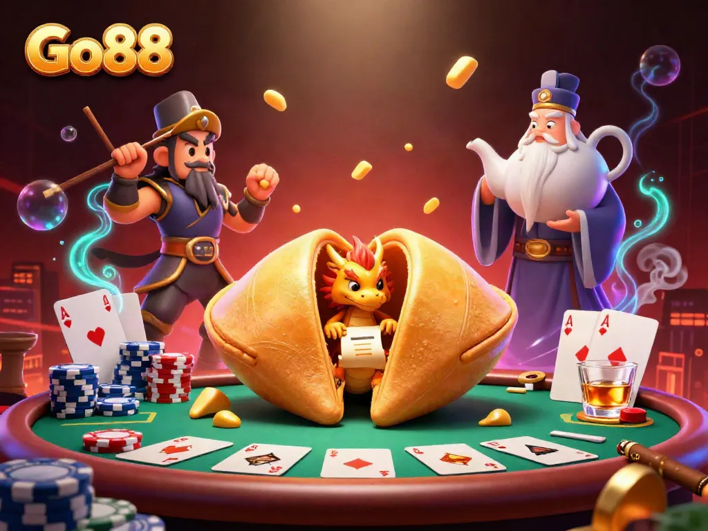 Experience thrilling gaming at Go88 with a magnificent fortune cookie scene featuring poker elements.