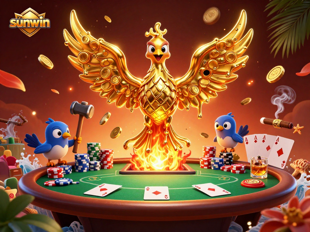 Experience thrilling gaming at sunwin with a golden phoenix and poker elements in this dynamic illustration.