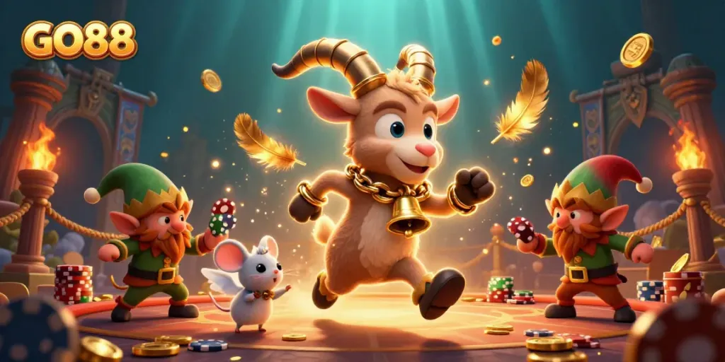 Engage in GO88's thrilling casino adventures with festive characters in a vibrant scene.