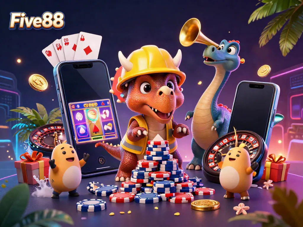 Join the excitement at Five88 with dazzling 3D characters celebrating while building poker chip pyramids!