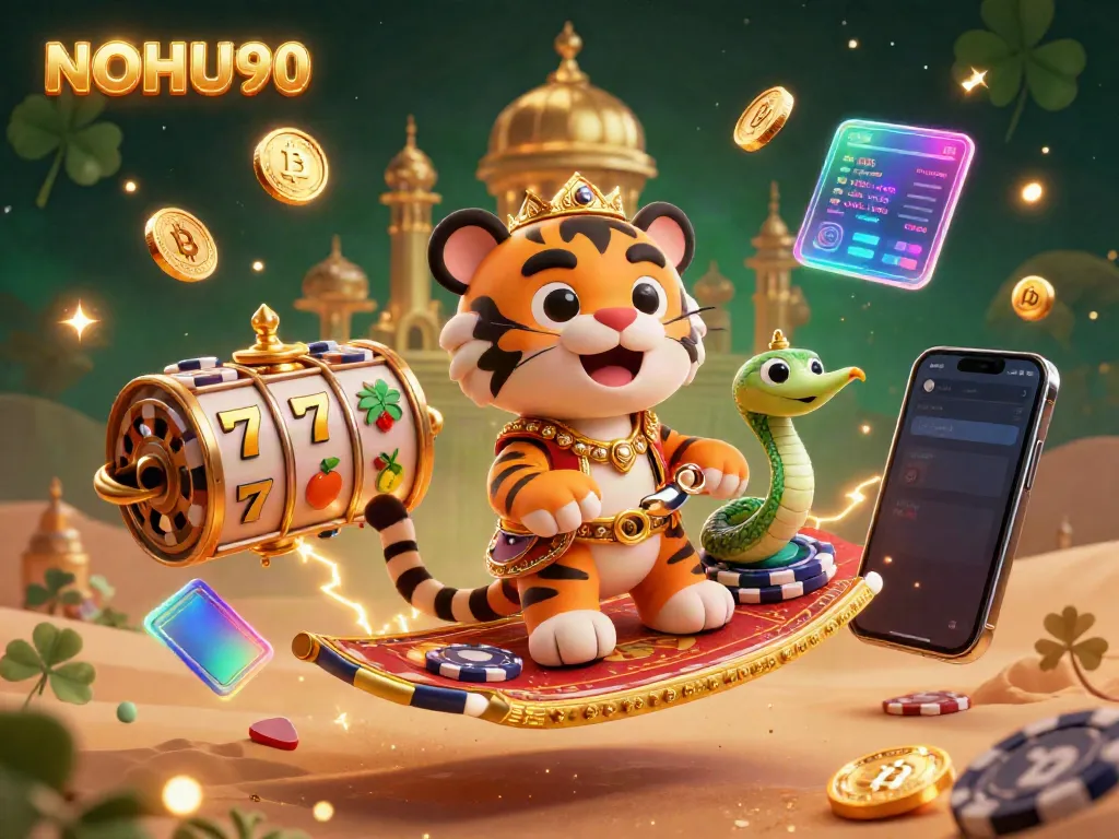Experience thrilling entertainment at NOHU90 with vibrant casino imagery and 3D elements.