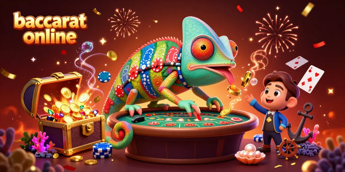 Baccarat online players engaging with the dynamic cartoon chameleon casino owner amidst lively gaming elements.