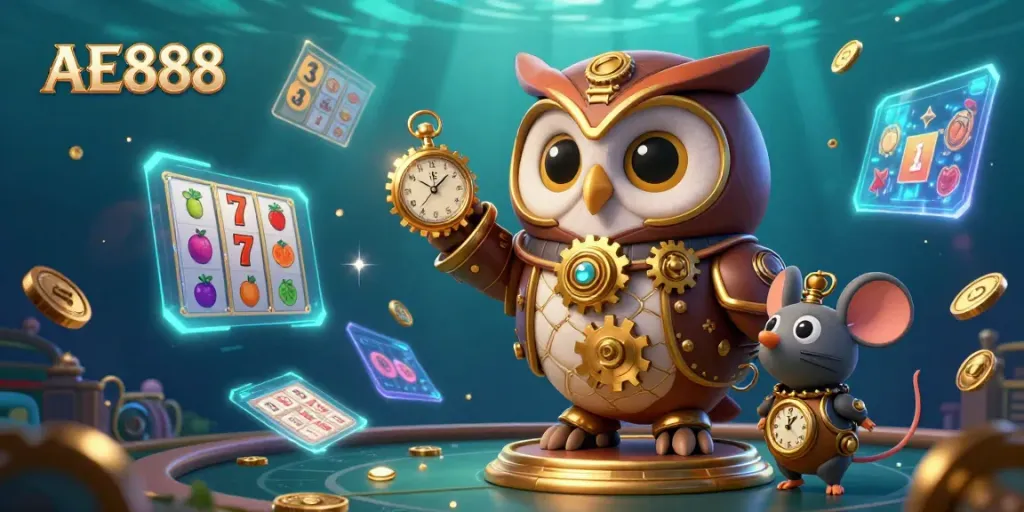 Experience the excitement of AE888 with a whimsical steampunk owl and casino elements.