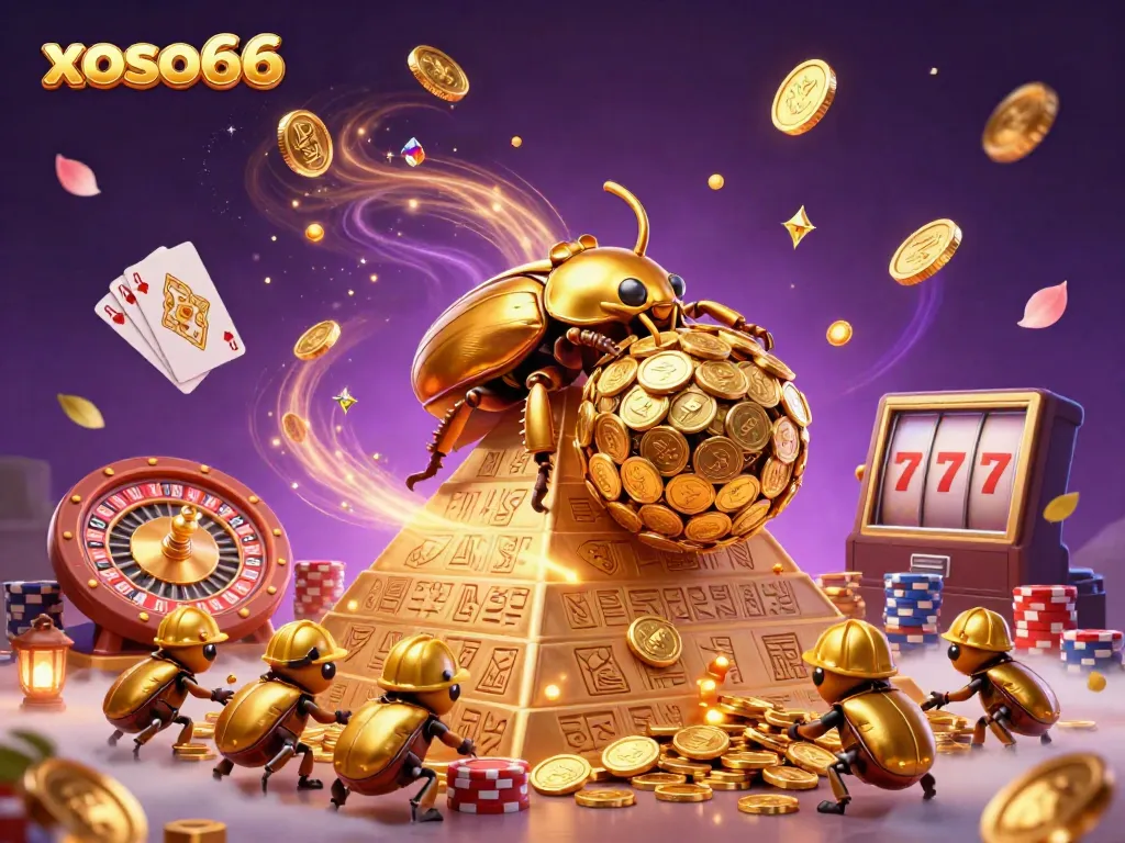 Experience the thrill of xoso66 with a vibrant 3D casino illustration showcasing golden treasures and dynamic gaming elements.