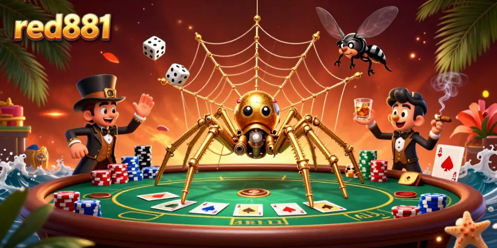 Engage with red881's immersive steampunk casino scene featuring a golden spider and dice capture.