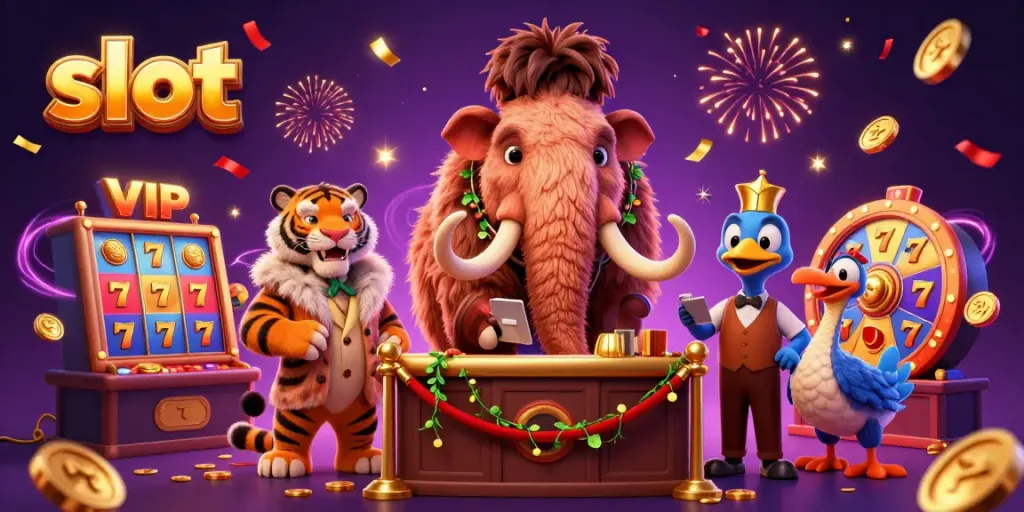 Experience thrilling slot action with cartoon characters at a vibrant casino scene.