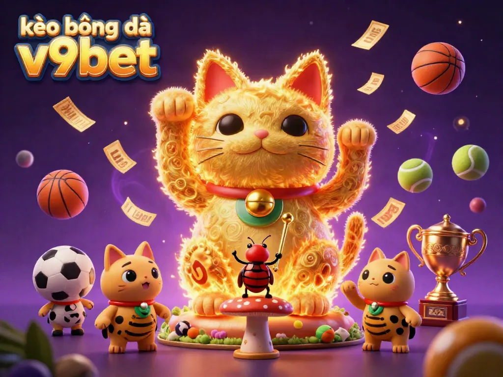 Engage with kèo bóng đá v9bet through vibrant gambling elements showcasing a lucky cat, sports balls, and trophies.