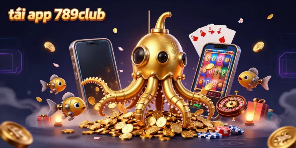Tải app 789club with a dynamic 3D kraken submarine surrounded by coins and gambling elements.