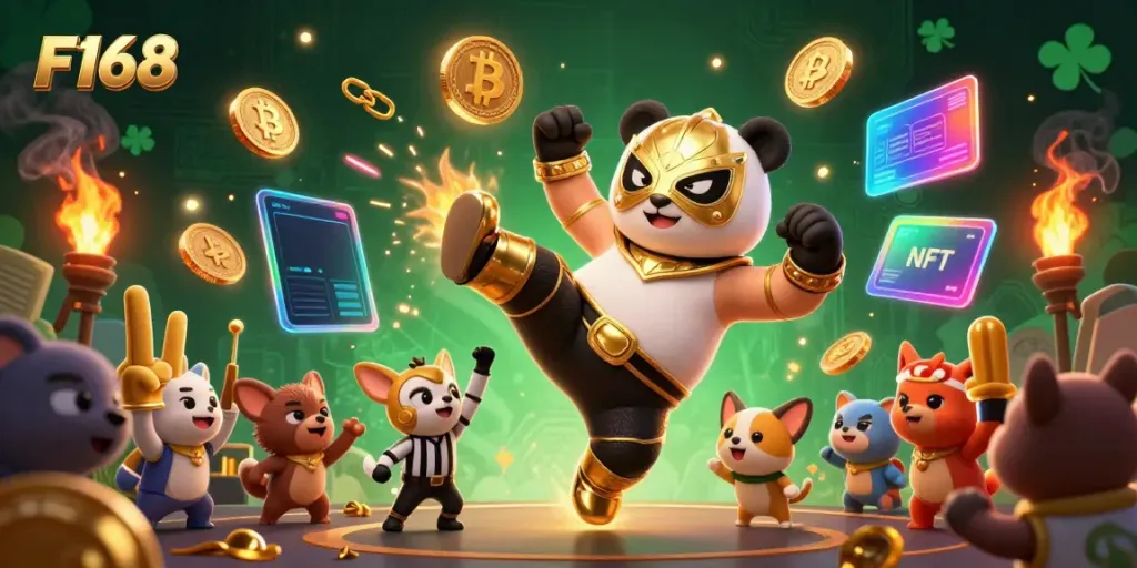 Experience thrilling action at F168 with a wrestling panda kicking in a vibrant casino scene