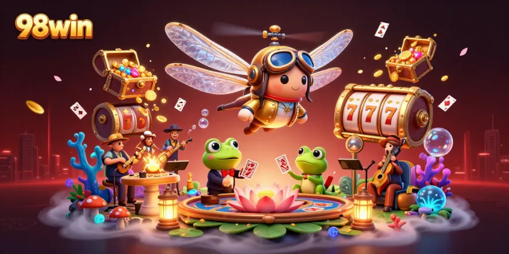 Join the excitement at 98win with vibrant casino visuals featuring a dragonfly pilot, frog dealer, and jazz musicians.