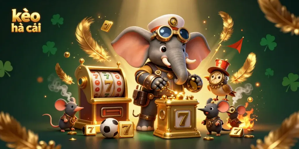 Spin the kèo nhà cái slot machine with a steampunk elephant engineer in a vibrant casino scene.