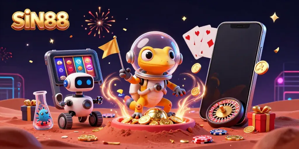 Experience gaming adventure with SIN88 in a Mars casino scene featuring vibrant characters and gaming elements.