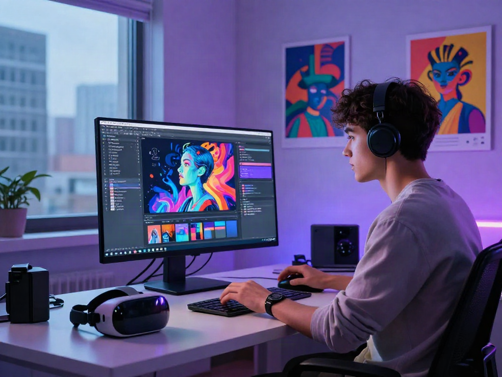 Innovative user exploring nsfw ai technology in a vibrant digital workspace with creative tools and urban views.