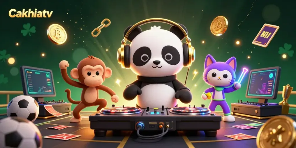 Cakhiatv brings exciting sports betting to life with a DJ panda and lively characters in a dynamic casino scene.