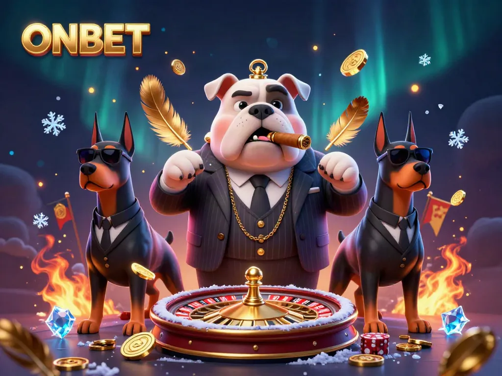 ONBET casino scene with a mafia bulldog and Doberman bodyguards surrounded by a vibrant roulette wheel and betting tokens.
