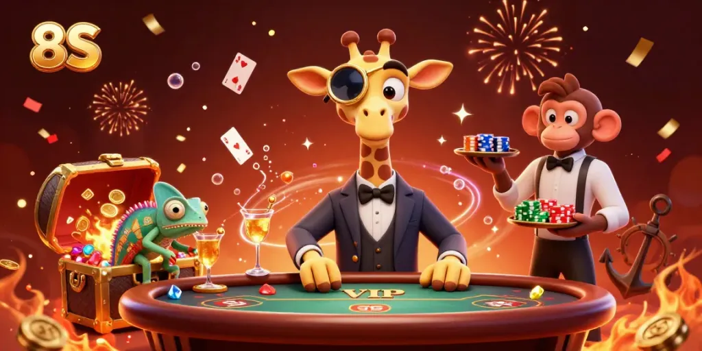 Playing cards and gold coins fly around a high-roller giraffe at a poker table in the vibrant 8S casino scene.