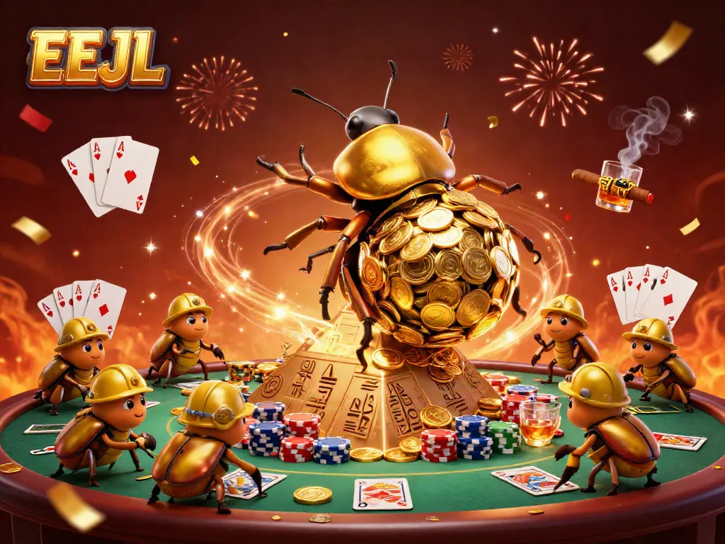 Engage in thrilling games at EEJL with a dynamic illustration of golden casino elements.