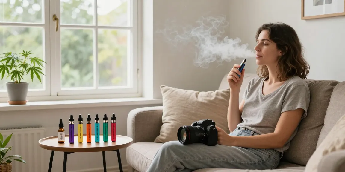 thc vapes uk relaxation scene with lab-tested vape pens and CBD oil in a cozy home setting, promoting wellness.