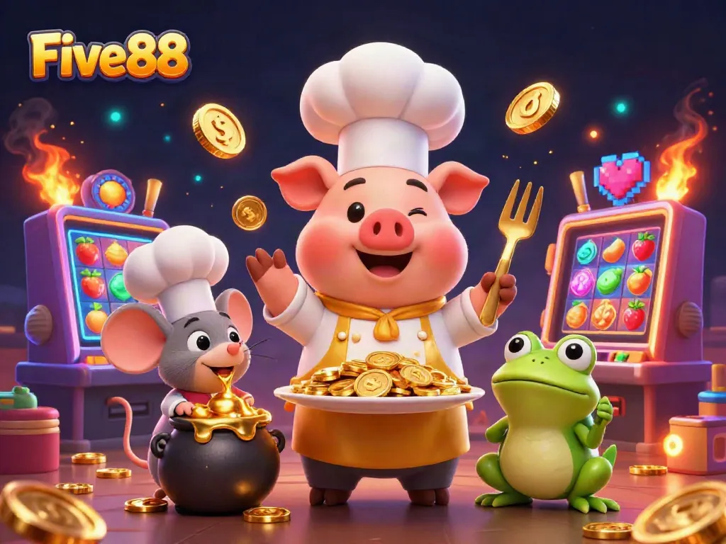 Experience thrilling gold wins with Five88 in an electrifying casino-themed scene.