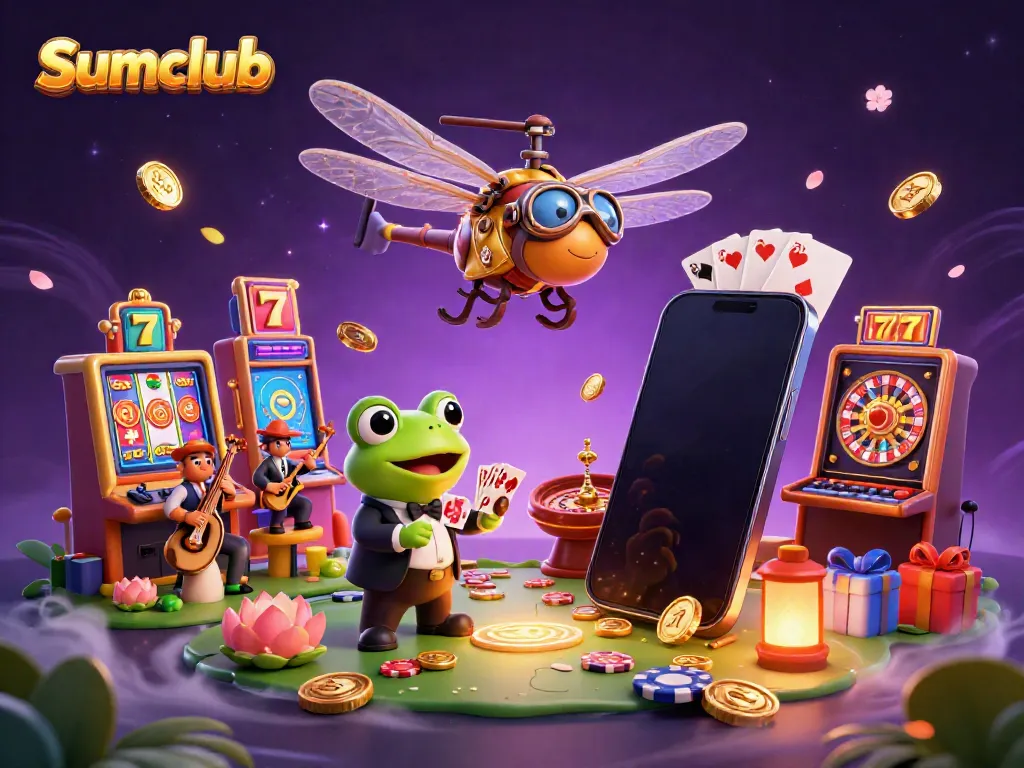 Engage with the Sumclub dragonfly pilot and frog croupier in a lively casino scene, enjoying thrilling slot games.