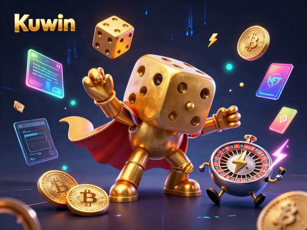 Kuwin's exciting casino world, featuring a golden dice golem and crypto elements in a vibrant, interactive scene.