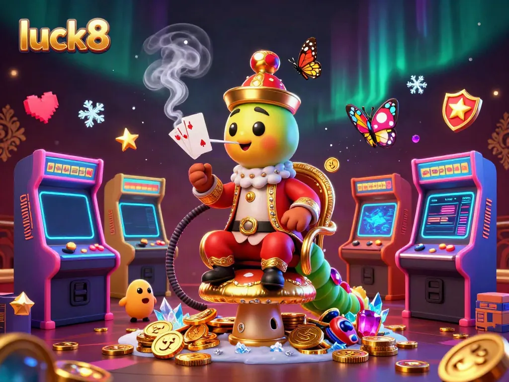 Experience luck8's vibrant casino world with a magical caterpillar blowing poker symbols.