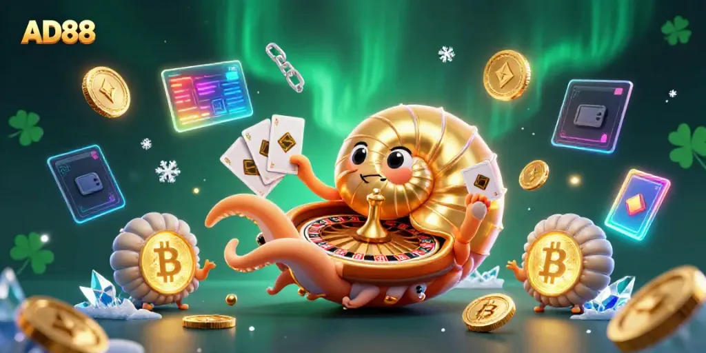 Experience the thrill of AD88 Casino with a dynamic 3D illustration featuring vibrant game elements and characters.