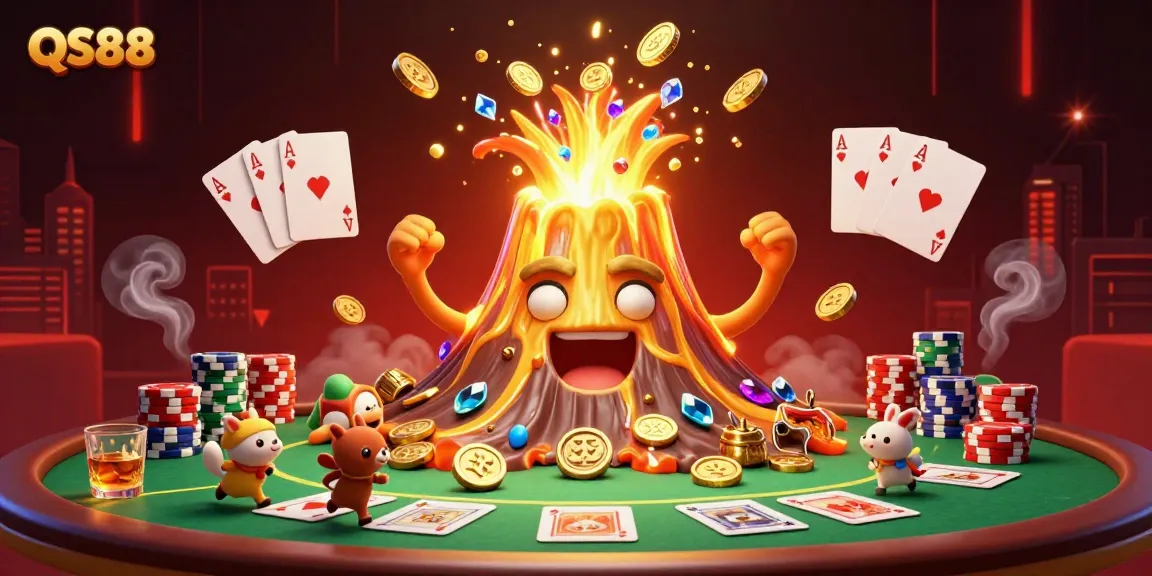 Experience QS88 with a triumphant golden volcano, overflowing with coins, surrounded by poker elements in a vibrant casino scene.