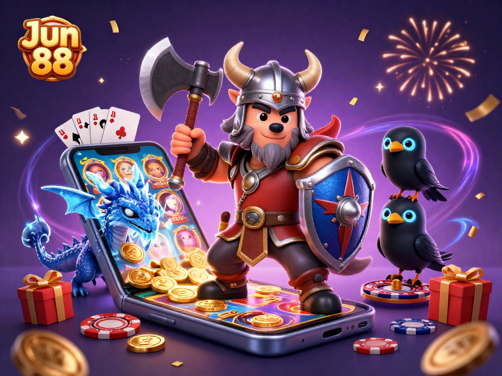 Win big at Jun 88 with Viking warriors, dragons, and exciting slot games in a 3D casino scene.