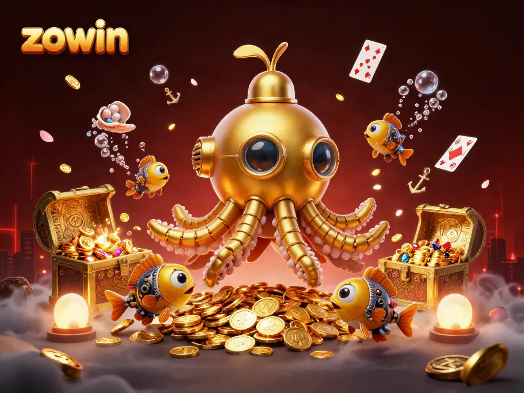 Zowin's vibrant underwater casino scene with a golden kraken submarine, mechanical fish, and treasure chests overflowing with riches.