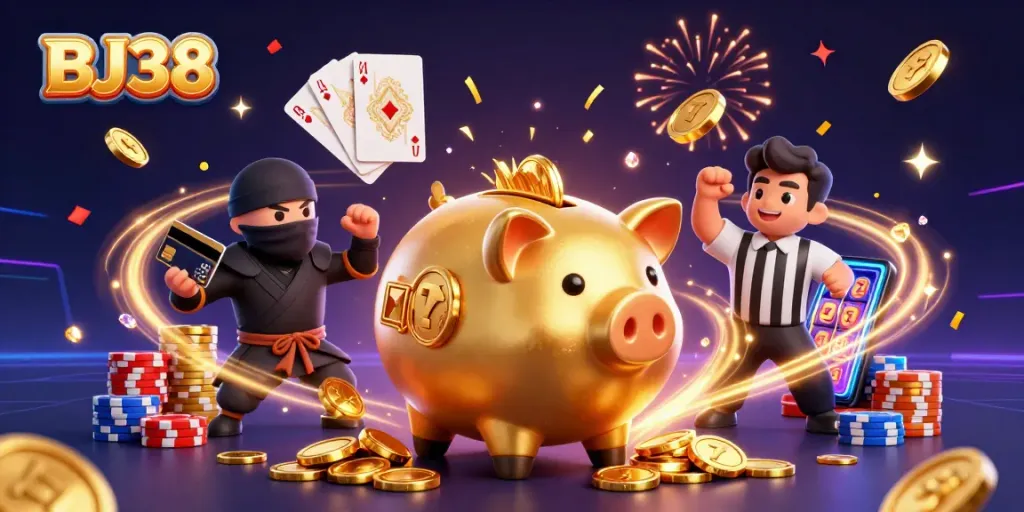 Experience thrilling gameplay with BJ38's stunning illustration of a piggy bank sumo wrestler amidst flying coins and casino excitement.