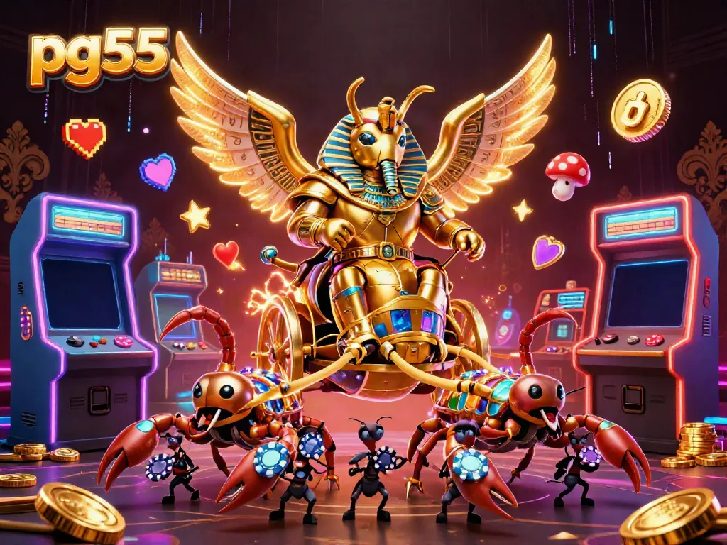 Join the pg55 adventure with a colossal golden scarab and scorpions in a vibrant casino scene.