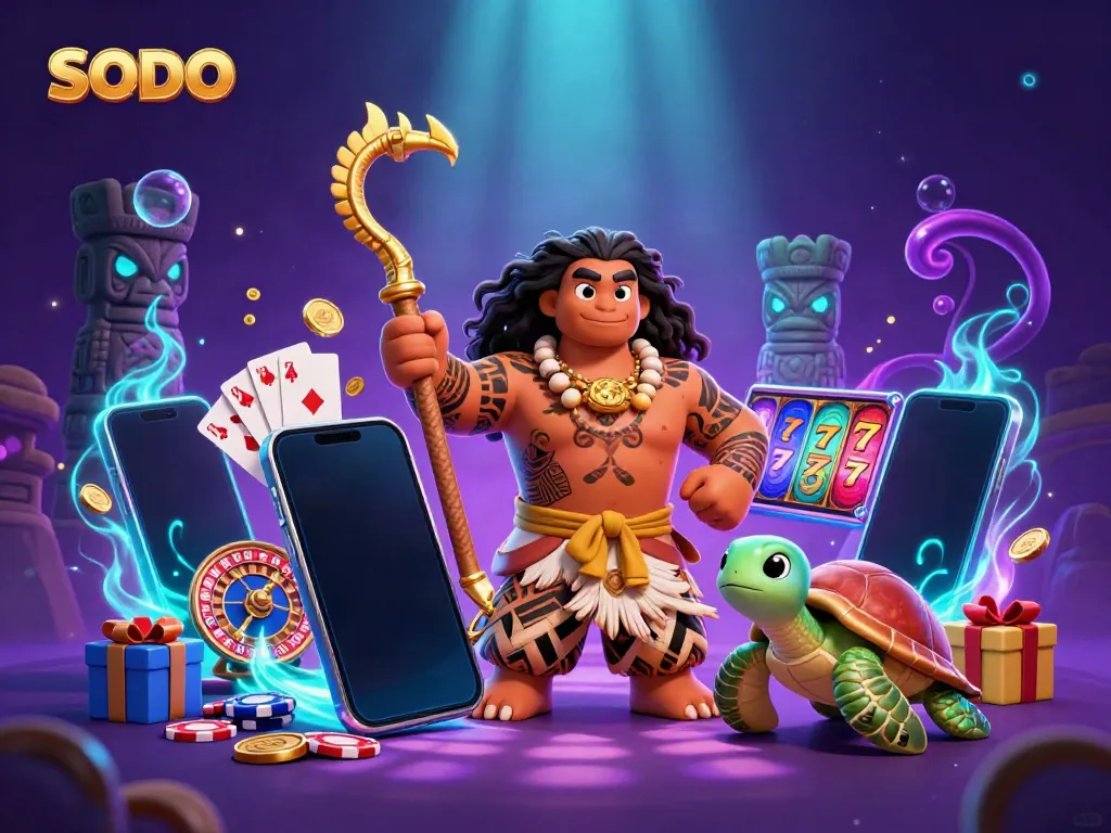 SODO a vibrant cartoon depiction with a Polynesian demigod and casino elements, showcasing energy and excitement