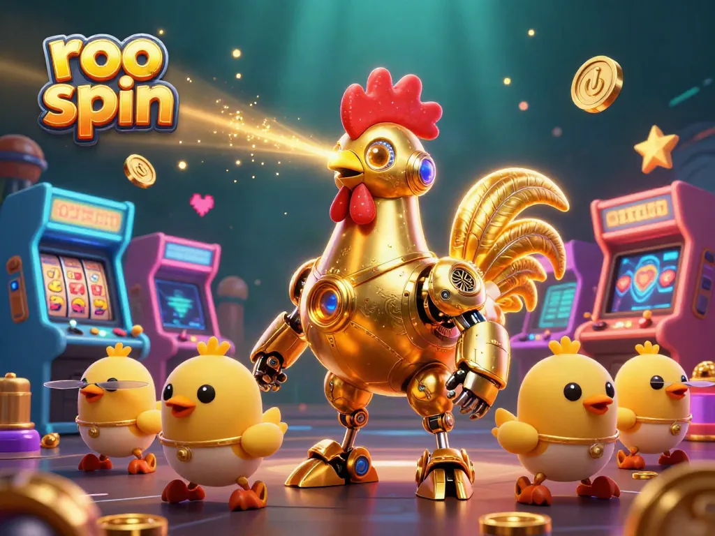 Experience exciting action at Roo Spin Casino with our vibrant golden rooster robot and baby chick drones.