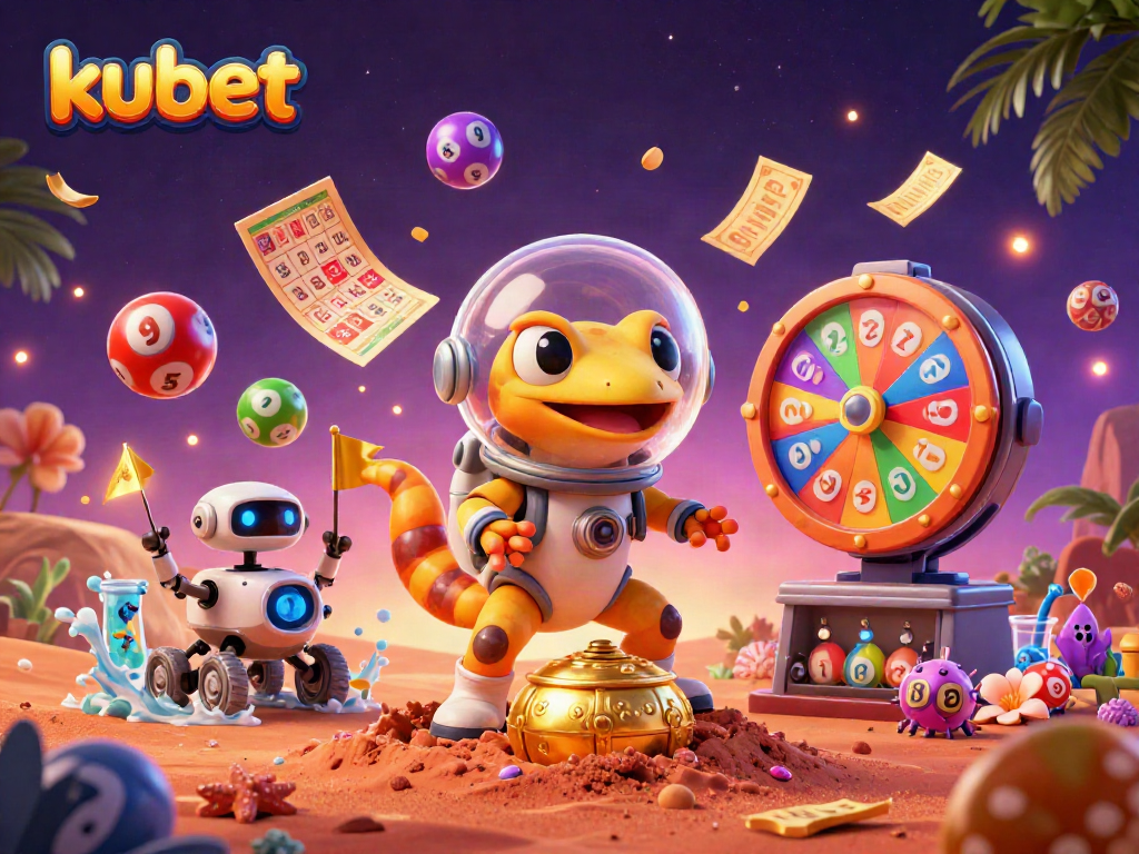 Kubet's Martian gecko explores a golden casino, surrounded by colorful lottery elements and vibrant gaming imagery.
