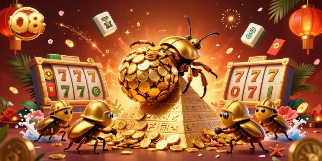 Experience the dynamism of O8's casino with golden coins, jackpot slots, and vibrant gaming elements.