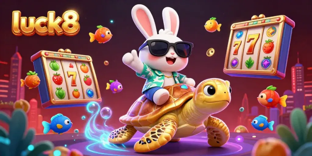 Experience winning moments with luck8 as a lucky rabbit celebrates aboard a golden turtle amidst rich casino elements.