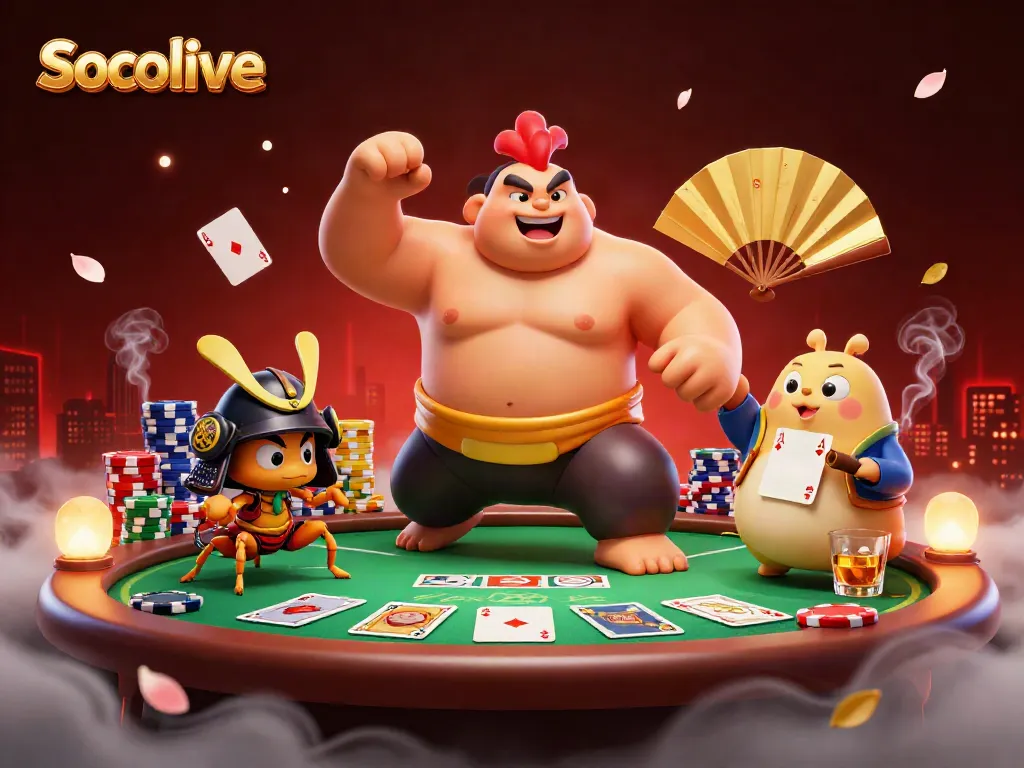 Socolive creates an engaging scene with a powerful rooster sumo wrestler and a fierce cricket in a dynamic casino atmosphere.